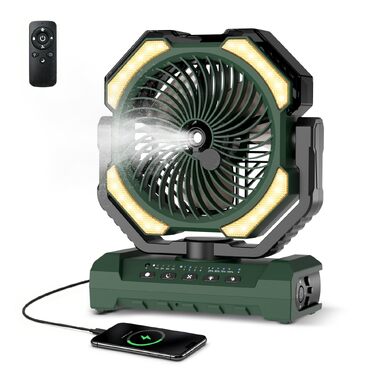 Вентилятор портативний Ateroll 20000 mAh з розпилювачем, USB, пульт, LED, гачок для підвішування – для кемпінгу, дому, тераси, подорожей (Зелений)