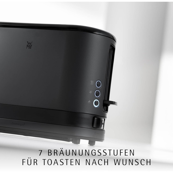 Тостер WMF Küchenminis для 1 тосту XXL, з підставкою для булочок, розморожування, 7 рівнів підсмажування, 600 Вт, нержавіюча сталь, чорний матовий