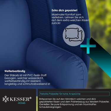 Підвісне крісло-гойдалка KESSER Luxe з каркасом, м'якою подушкою та захистом від погоди, для дому і саду, бічні та спинні подушки, стабільна основа, навантаження до 150 кг, синє