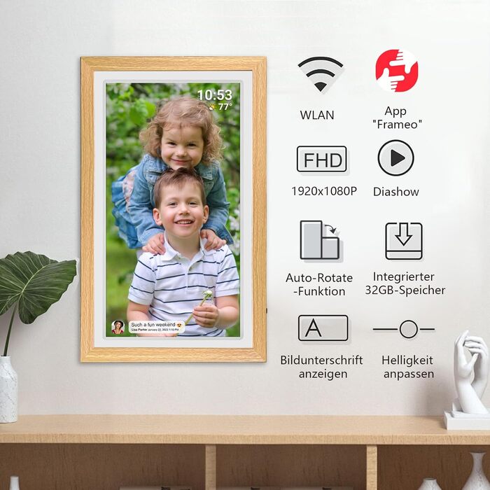 Цифровий фоторамка FRAMEO 21.5 дюймів з IPS LCD сенсорним екраном, Wi-Fi, 32 GB, USB/SD розширення, Auto-Rotate, для кріплення на стіну, жовтий