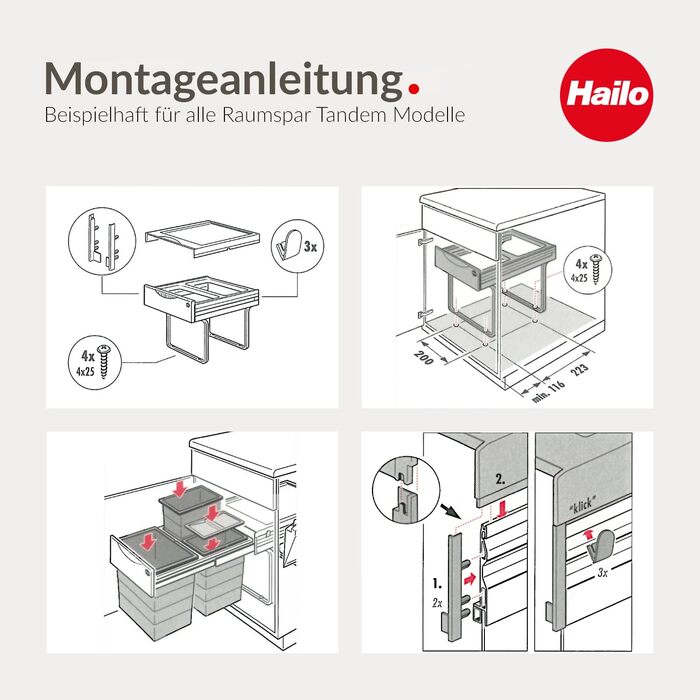 Контейнер для сміття Hailo 3641500 Raumspar-Tandem 2x18 л, для шаф від 40 см, роздільне сортування, монтаж на підлогу, пластик світло-сірий