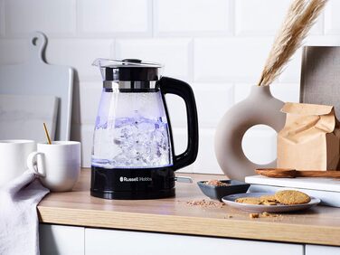 Тостер Russell Hobbs Textures+ (2 широкі слоти, підставка для булочок, 850 Вт, чорний) + Електричний чайник скляний Russell Hobbs Classic (1.7 л, 2400 Вт)