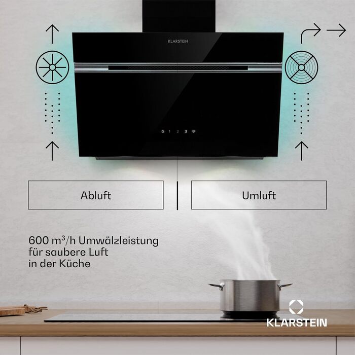 Витяжка кухонна Klarstein 60 см, похила, з RGB-LED підсвіткою, режим відведення та рециркуляції повітря, продуктивність 594 м³/год, клас енергоефективності A, чорна