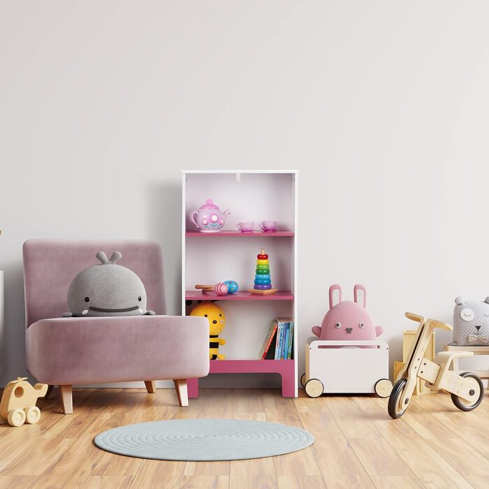 Дитяча полиця Relaxdays з 3 відділеннями для книг та іграшок, 91x48x24 см, біло-рожева, ігровий органайзер для дитячої кімнати