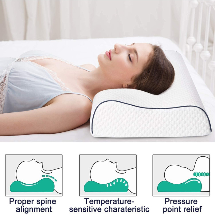 Ергономічна подушка для сну Fityou з ефектом пам'яті (Memory Foam) для підтримки шиї, регульована висота, з мийним чохлом, 60x35x9/11 см, синій кант