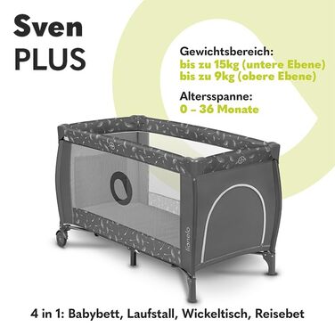 Дитяче ліжечко-манеж Lionelo Sven Plus 4-в-1 з пеленатором, москітною сіткою, бічним входом, до 15 кг, складане, із сумкою