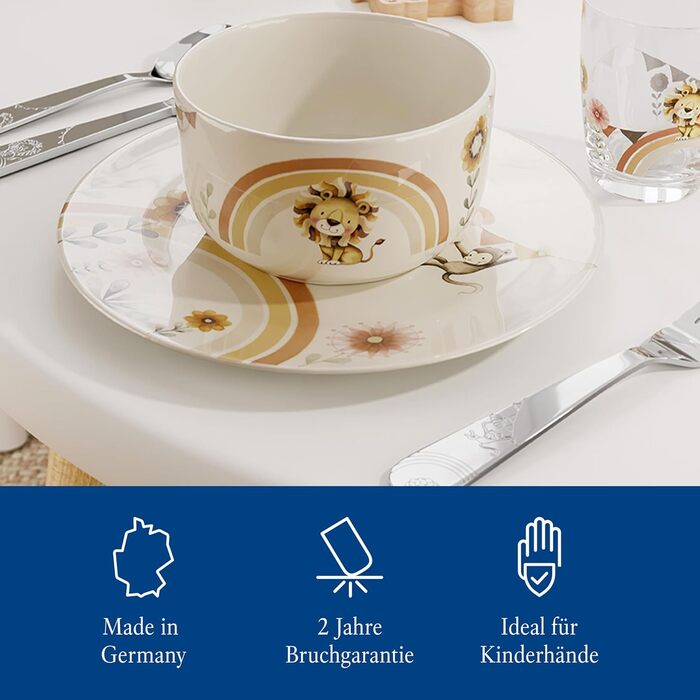 Дитячий посудовий набір Villeroy & Boch Boho Kids 'Roar like a lion' 7 предметів, преміум-посуд з нержавіючої сталі, безпечний для миття в посудомийній машині та використання в мікрохвильовій печі, з зображенням лева та мавпи