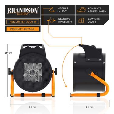 Керамічний електрообігрівач Brandson 3000 Вт з турбовентилятором, захистом від перегріву, для будівництва, дому, гаража та майстерні, сушарка повітря