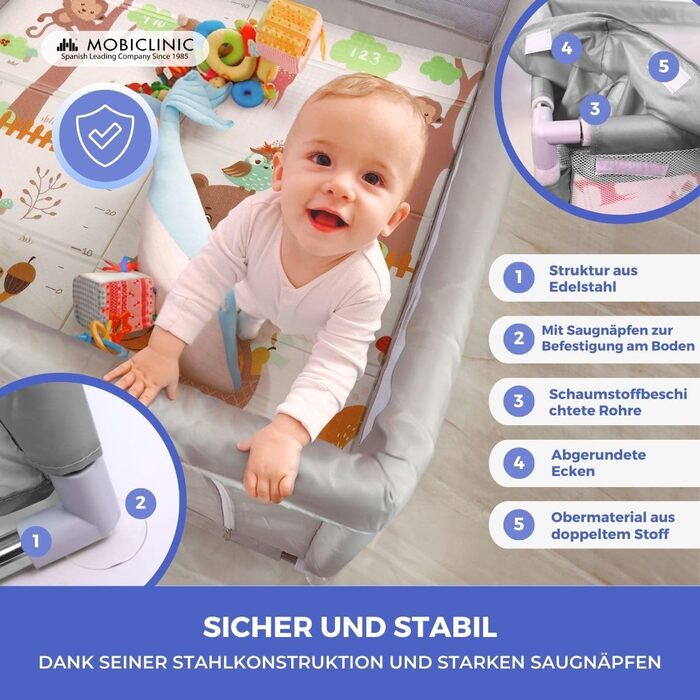 Дитячий манеж Mobiclinic Kids з ігровим килимком, складаний, 125x125 см, з бічним входом, сірий, дихаюча сітка, переносна сумка, без запаху, легко миється, безпечний