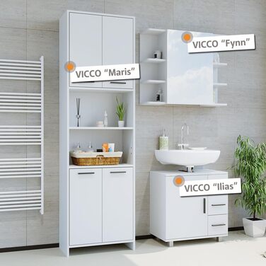 Комплект меблів для ванної Vicco Maris, білий, 3 предмети: пенал, дзеркальна шафа, тумба під умивальник