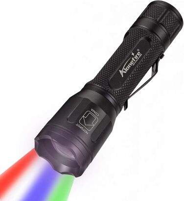 Alonefire X32 Багатофункціональний тактичний LED ліхтар 4-в-1: зелений, синій, білий, червоний, акумуляторний, з функцією зуму, комплект з батареєю та зарядкою, для полювання, туризму, поліції, військових, надзвичайних ситуацій