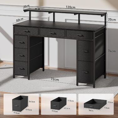 Комп'ютерний стіл з 8 висувними ящиками, 2 розетками, 2 USB-портами, LED-підсвічуванням та підставкою для монітора, 120 x 50 x 74 см (Чорний)