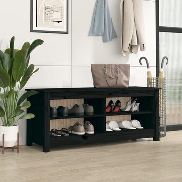 Стійка для взуття vidaXL з сидінням, чорна, масив сосни, 110x38x45.5 см, для коридору та передпокою, з великим місцем для зберігання