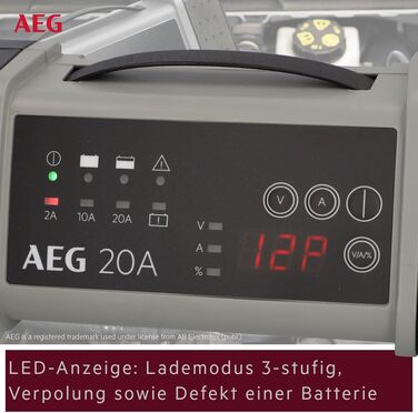 Зарядний пристрій акумуляторів AEG LT 20, 20A для 12/24V авто, 9-ступінчатий, з інтелектуальною функцією заряджання та автоматичним вирівнюванням температури, чорний/сірий