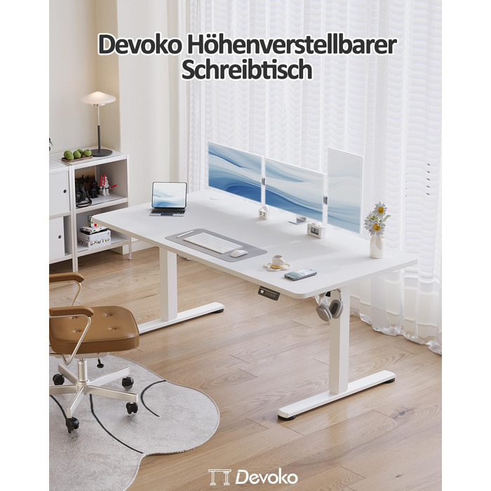 Електричний стіл з регулюванням висоти Devoko 180 x 80 см, білий — Ергономічний офісний стіл для роботи стоячи та сидячи з функцією пам'яті