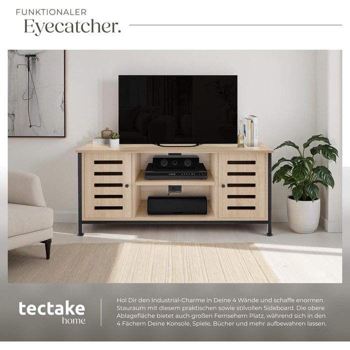 Тумба під телевізор tectake®: промисловий дизайн, дерево + метал, 110 x 41.5 x 50.5 см, для телевізорів до 55 дюймів