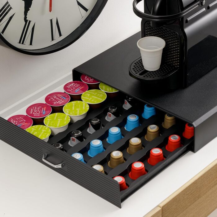 Органайзер для кавових капсул Baroni Home, універсальна шухляда для Nespresso та Dolce Gusto на 30 капсул, відсік для чаю та аксесуарів, компактний пластиковий підстаканник, 34x13x34 см, чорний