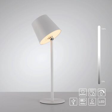 LED настільна лампа SellTec на акумуляторі, USB, біла, диммувана, IP54 для саду, кемпінгу, балкону або тераси