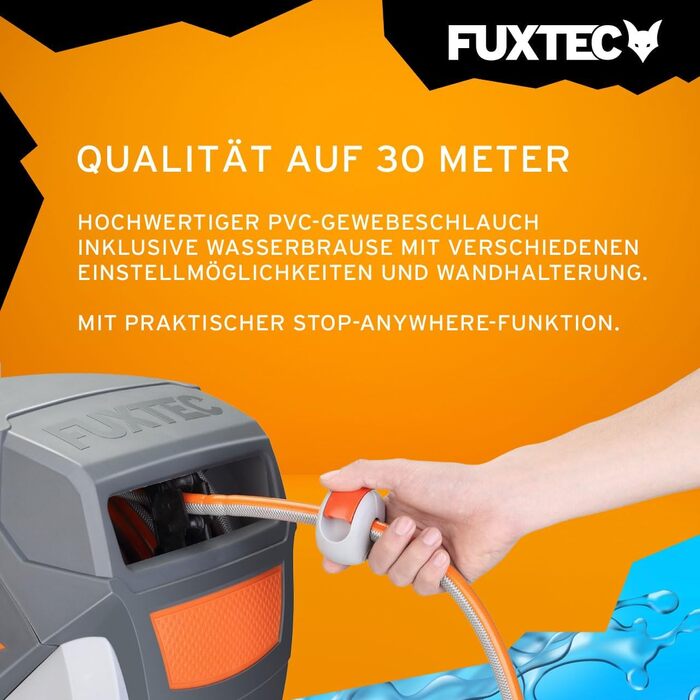 Автоматичний шланг для саду Fuxtec FX-WSA30 – 30 метрів, ½ дюйма, з роликом для стіни, включаючи ручну лійку та з'єднувачі, поворотний на 180°, оранжевий
