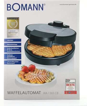 Вафельниця Bomann WA 1365 CB, 1000 Вт, антипригарне покриття, сердечка, регулювання підсмажування, індикатор готовності, нерж. сталь, Ø18 см