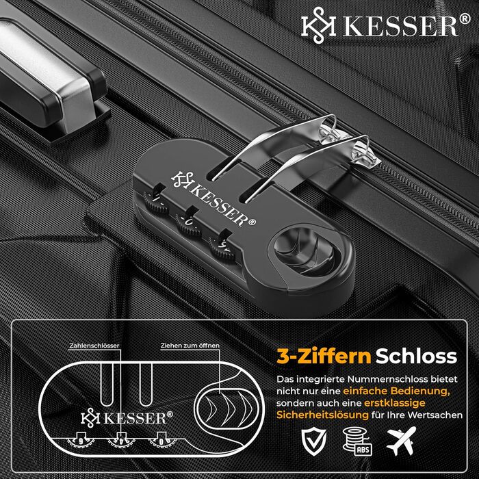 Набір валіз KESSER з 4 предметів, жорсткий корпус ABS, кодовий замок, ваги для багажу та дорожня сумка, колеса 360°, чорний