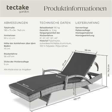 Шезлонг Tectake з поліротангу, регульована спинка, стійкий до погодних умов, з м'яким матрацом, для саду, балкону та тераси (світло-сірий)