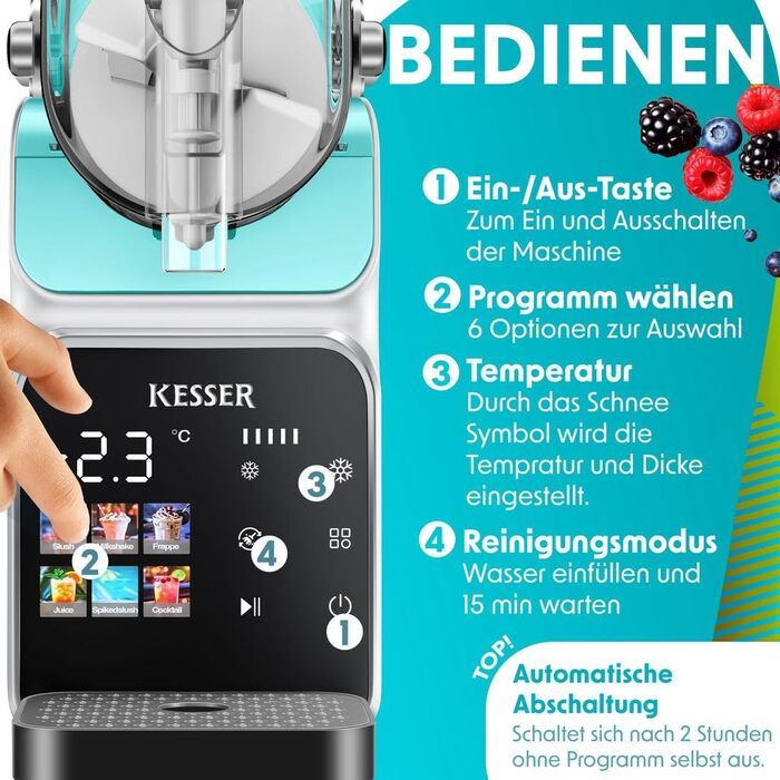 Машина для приготування сляшу KESSER® - сляш-мейкер 2л - для сляшу, коктейлів, фраппе, молочних коктейлів та замороженого соку - за 25 хв з 6 програмами - з 3 стаканами та книгою рецептів, (2 літри, світло-блакитний)