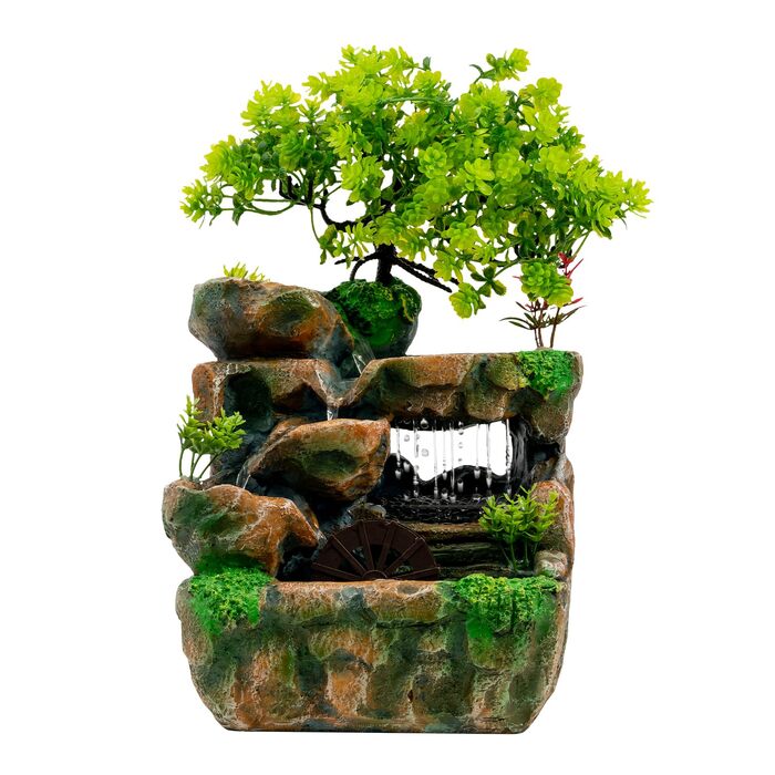 Настільний фонтан з LED-підсвіткою та декором у вигляді зеленої рослини для дому та офісу, водоспад для інтер'єру (18x15x30 см)