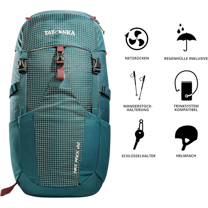 Рюкзак для походів Tatonka Hike Pack 22 л з вентиляцією спини та дощовиком, легкий і зручний туристичний рюкзак бірюзовий