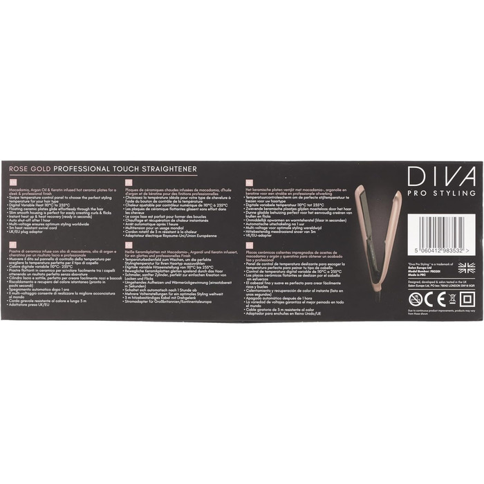 Професійний випрямляч для волосся Diva Pro Styling Precious Metals Touch, автоматичне вимкнення, швидкий нагрів, кабель 3 м, золотий