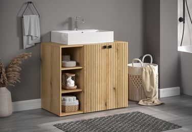 Тумба під раковину на колесахх trendteam PureBliss, 80x64x42 см, дуб Evoke, з 2 відкритими полицями та металевими ручками