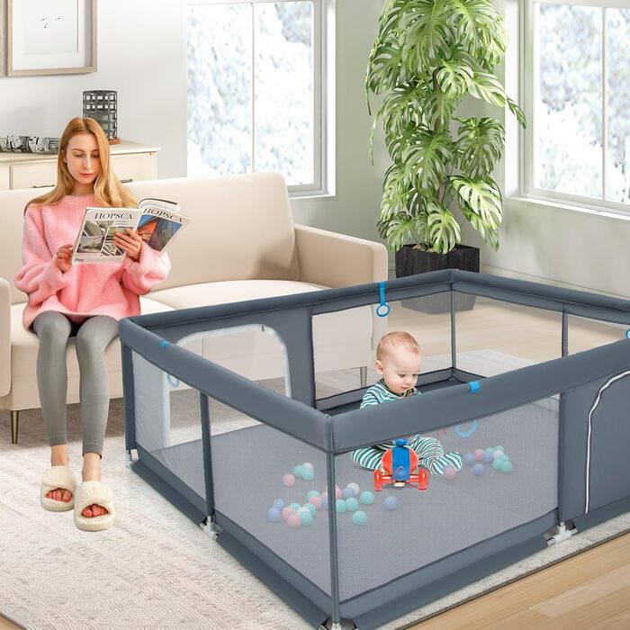 Манеж для дітей DREAMADE 200x180 см, складаний, з 50 кульками, 4 ручками і сумкою, дихаюча сітка, для немовлят і малюків 0-36 міс, темно-сірий
