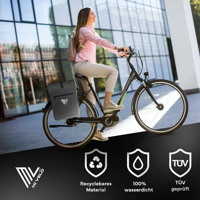 Велосипедна сумка MIVELO для багажника 3в1 — рюкзак, сумка через плече, водонепроникна, без ПВХ, з відділенням для ноутбука (карбон)