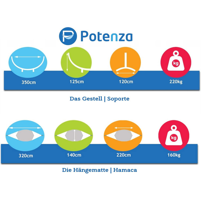 Подвійний гамак з підставкою Potenza Pereira для 2 осіб, 100% бавовна, 220x140 см, до 160 кг, стійка до погодних умов (Zebra, Graphite)