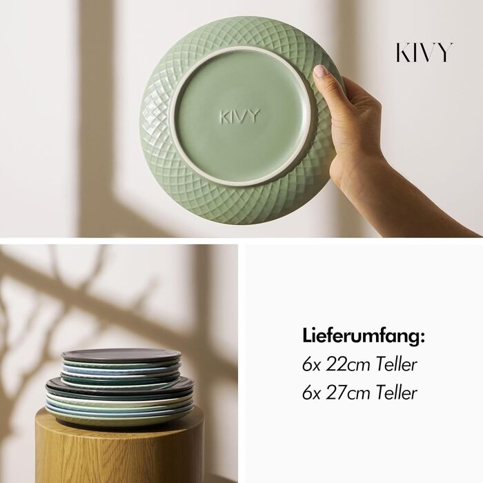 Набір посуду KIVY на 6 осіб, 12 предметів, стійкий до подряпин та посудомийної машини, сучасний зелений сервіз: 6 обідніх тарілок 27 см і 6 десертних тарілок 22 см