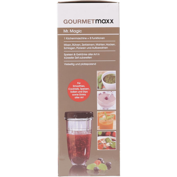 Електричний міні-блендер GOURMETmaxx 400Вт, 4-в-1: смузі-мейкер, стаціонарний міксер, 500 мл, 9 функцій, BPA-вільний, сріблясто-чорний, з дорожнім стаканом, можна мити в посудомийній машині