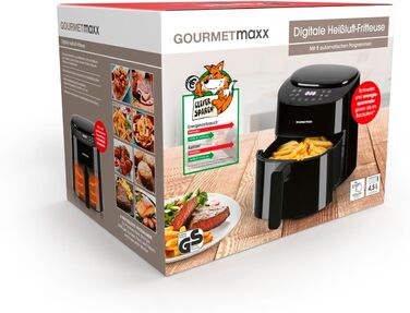 Аерофритюрниця GOURMETmaxx 4,5 л, 1400 Вт, 8 програм, чорна, маложирне приготування, таймер, автоматичне вимкнення
