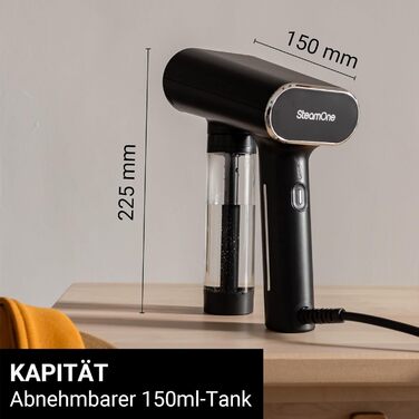 SteamOne EUNS150B Karl — ручний парогенератор для прасування всіх типів тканин, антимікробна парова щітка, 150 мл, чорний, готовий до роботи за 30 секунд, ергономічна ручка