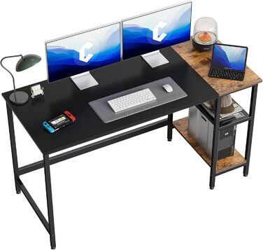 Стіл CubiCubi комп'ютерний з полицею справа або зліва, 140x60 см, офісний стіл для робочого місця, індустріальний дизайн, міцна сталева рама, чорний/коричневий
