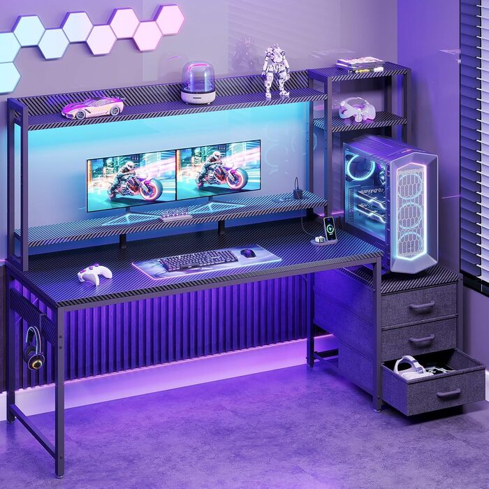 Ігровий стіл Coleshome з полицями та шухлядами, 161×48 см, з LED-підсвіткою, розеткою та підставкою для монітора, вуглецеве волокно (Carbon Fiber), чорний