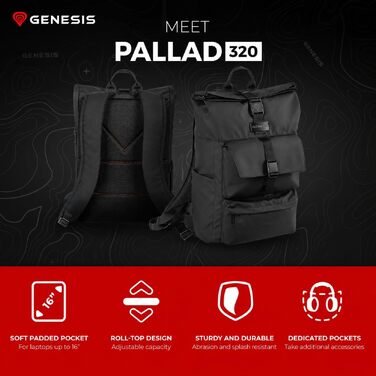 Рюкзак для ноутбука Genesis Pallad 550, 17.3 дюйма, 24 л, 19 кишень, чорний