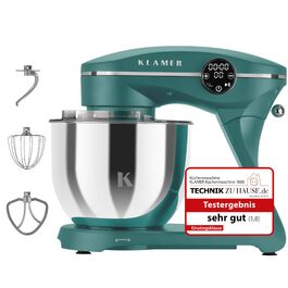Кухонний комбайн KLAMER 1800W — Планетарний міксер для тіста з чашею 6л, 10 швидкостями та таймером, набір насадок (гак, вінчик, міксер), колір бірюзовий
