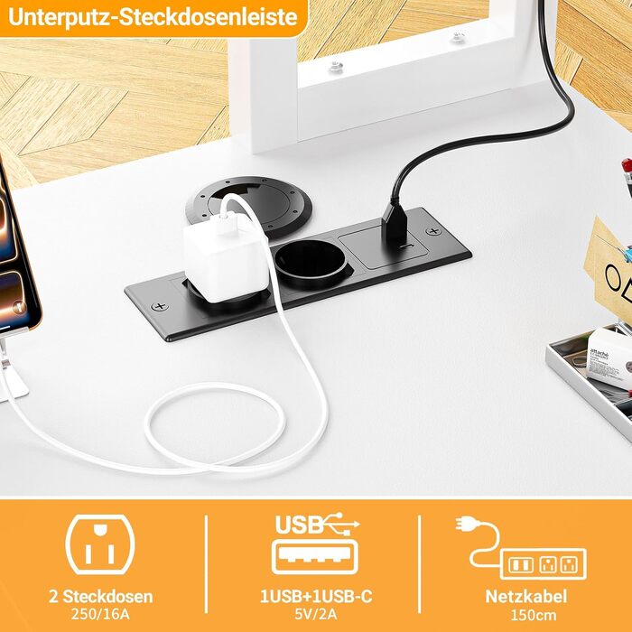 Кутовий L-подібний письмовий стіл Homieasy 150 см з LED-підсвіткою, шухлядою, USB та Type-C розетками, підставкою для монітора та полицею A4, білий