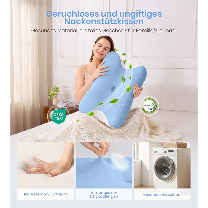 Ортопедична подушка з піни Memory Foam 2-в-1 для сну на боці, спині та животі, 60x41.5x10/12 см (Біло-синя)