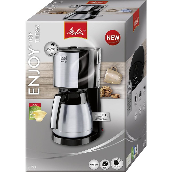 Кавоварка Melitta Enjoy Top Therm з термокухлем із нержавіючої сталі, фільтр-кавоварка з крапельним стопом, до 10 чашок, сталь/чорна