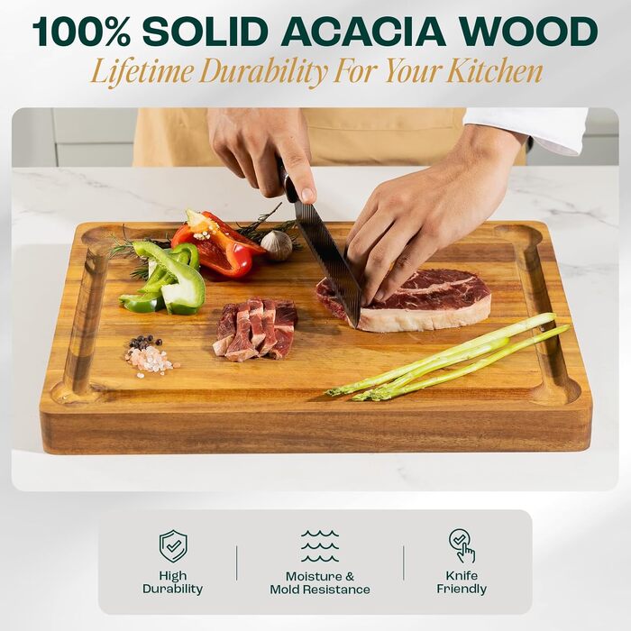 Дошка обробна Yes4All з акації для кухні 43x33x3.5 см, з жолобком для соку, середнього розміру, попередньо оброблена олією