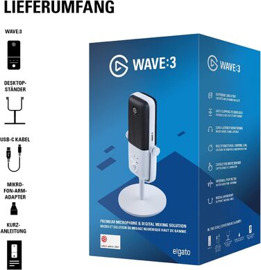 Elgato Wave:3 Білий – професійний USB конденсаторний мікрофон для стрімінгу, подкастів, геймінгу та домашнього офісу, з безкоштовним мікшуванням, ефектами, захистом від спотворень, Plug & Play, для Mac/PC
