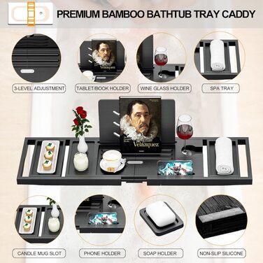 Полиця для ванни розкладна Luxury Black з тримачем для скла та планшета