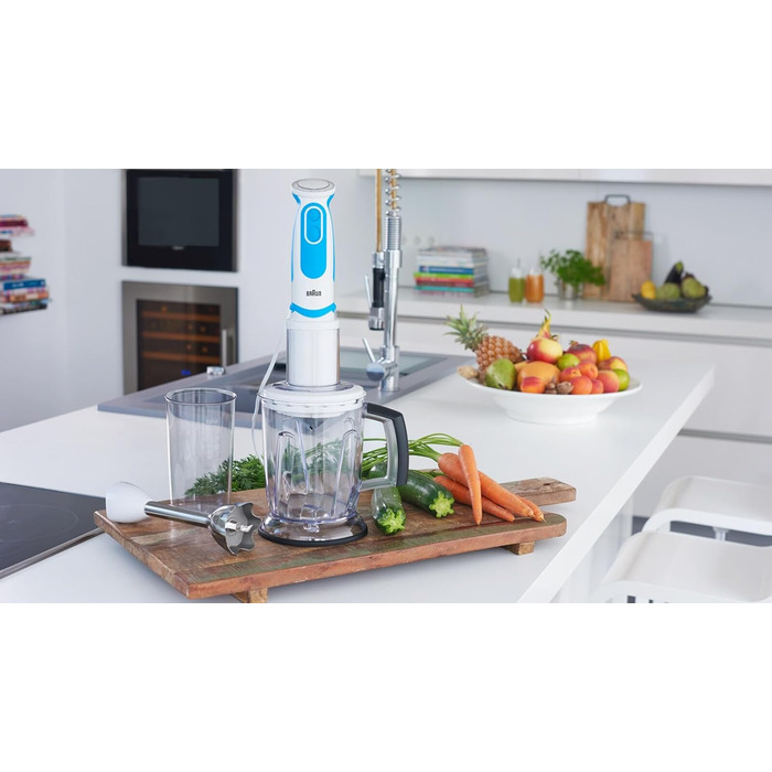 Блендер Braun MultiQuick 5 Vario MQ 5260WHBL, 1000 Вт, з нержавіючою насадкою та спіральною теркою, біло-синій, набір насадок