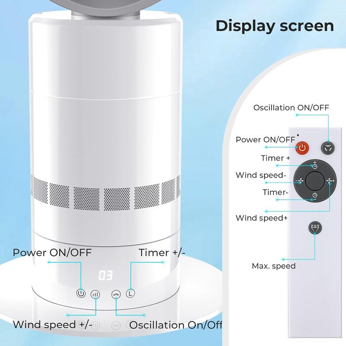 Безлопатевий вентилятор LIFERUN Tower Fan з пультом, 10 швидкостей, 71° поворот, таймер 9 год, тихий вентилятор для офісу/спальні, захист від дітей, LED-дисплей